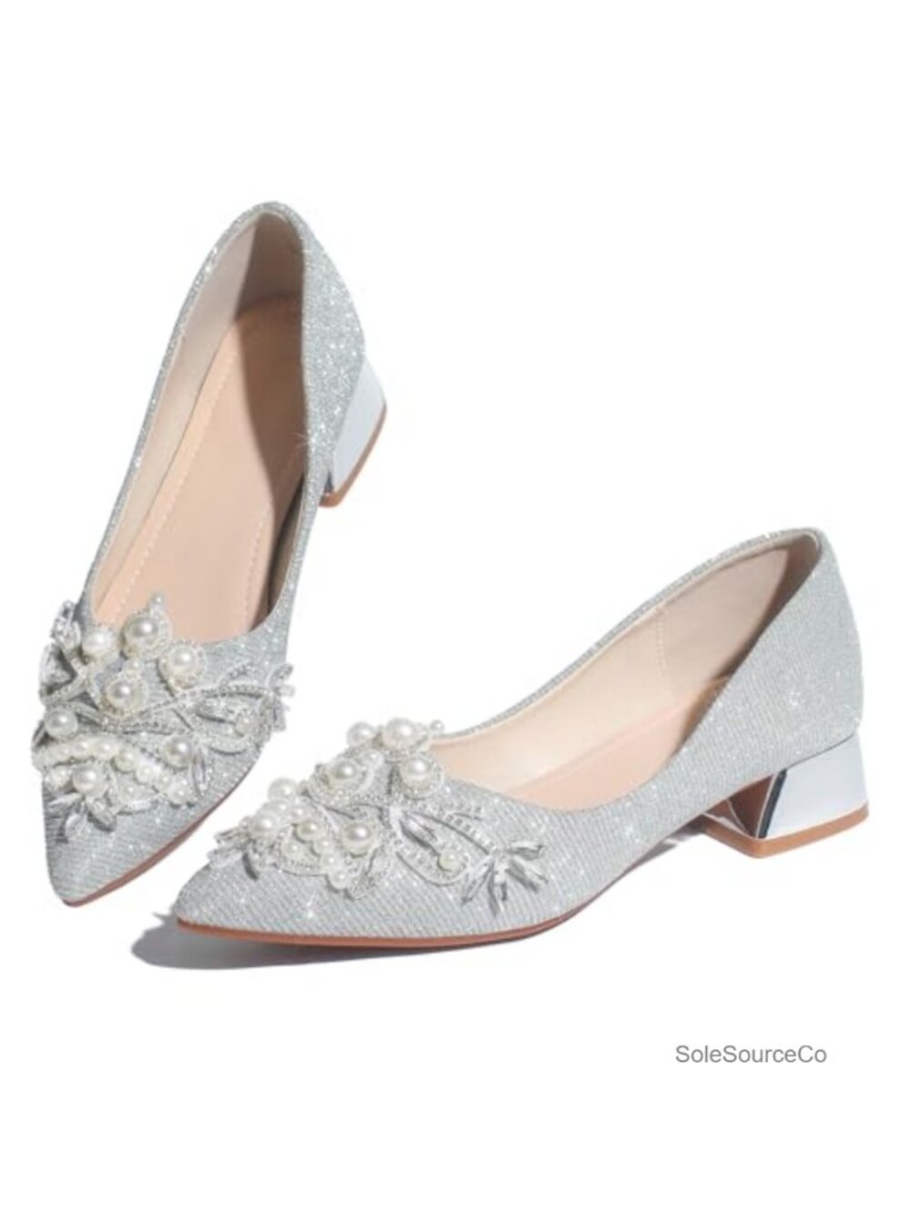 Rhinestone Pearl Low Heel Pointed Toe Dress Pumps